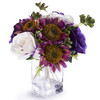 White and Purple Silk Rose and Sunflower Mixed Arrangement in Clear White Vase with Faux Water