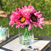  6 Heads Pink Mixed Sunflower and Rose Silk Flower Arrangement in Clear Glass Vase With Faux Water