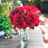 Red Mixed Rose and Hydrangea Silk Flower Arrangement  in  Glass Vase with Faux Water 