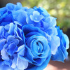 Blue Rose and Hydrangea Mixed Faux Flower Arrangement With Clear Glass Vase