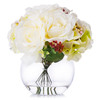 Cream Rose and Hydrangea Silk Flower Arrangement  in Round Glass Vase with Faux Water 