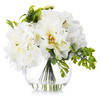 Cream Hydrangea  Rose and Peony Mixed Silk Flower in Round Clear Glass Vase