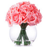 21 Heads Pink Rose Silk Flower Arrangement in Round Clear Glass Vase With Faux Water