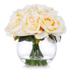 10 Heads Beige  Rose Silk Flower Arrangement in Round Clear Glass Vase With Faux Water