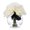 10 Heads Cream Rose Silk Flower Arrangement in Round Clear Glass Vase With Faux Water