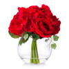 Red Mixed Rose and Hydrangea Flower Arrangement in Clear Glass Vase With Faux Water