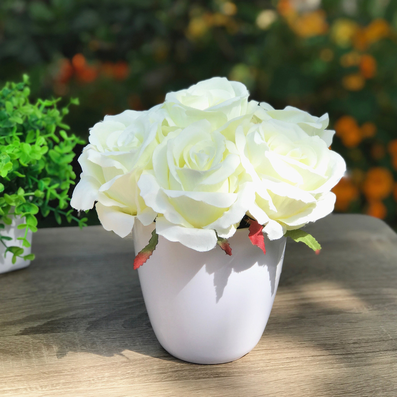 Cream Silk Rose Flower Arrangement In White Pot Enova Home