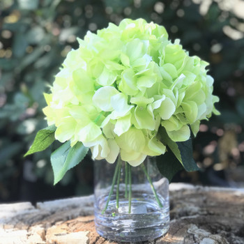 Green Silk Hydrangea Flower Arrangement in Glass Vase With Faux Water