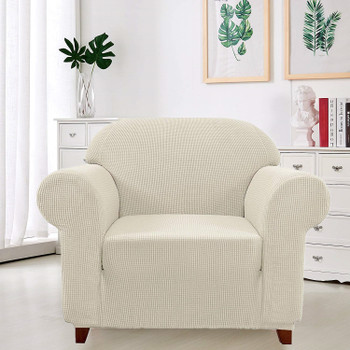 Elegant Jacquard Polyester Spandex Stretch Washable Box Cushion Armchair  Slipcover-Ivory White