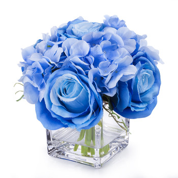 Blue Silk Hydrangea and Rose Flower Arrangement in Cube Glass Vase With Faux Water