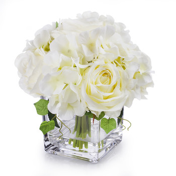 Cream Silk Hydrangea and Rose Flower Arrangement in Cube Glass Vase With Faux Water
