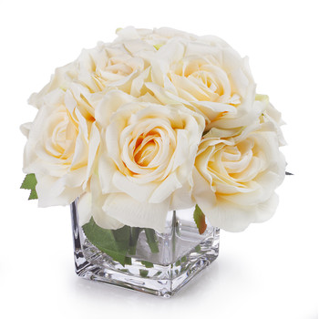 Peach Silk Open Rose Flower Arrangement in Cube Glass Vase With Faux Water