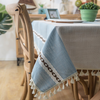 Light Blue High Quality Rectangle Cotton and Linen Tablecloth with Tassels