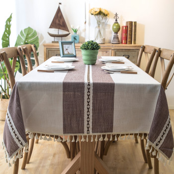 Purple Beige High Quality Rectangle Cotton and Linen Tablecloth with Tassels
