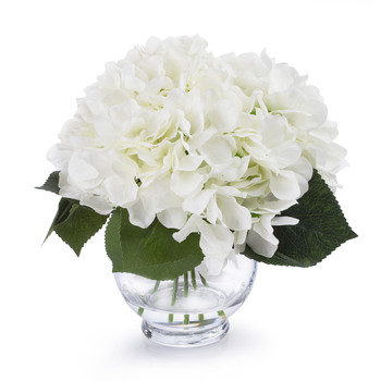  Cream Silk Hydrangea Flower Arrangement in Clear Glass Vase With Faux Water