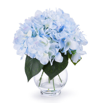 Azure Silk Hydrangea Flower Arrangement in Clear Glass Vase With Faux Water