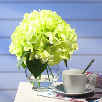 Green Silk Hydrangea Flower Arrangement in Clear Glass Vase With Faux Water