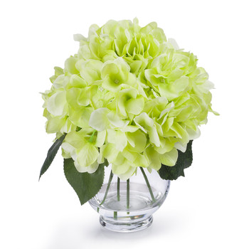 Green Silk Hydrangea Flower Arrangement in Clear Glass Vase With Faux Water