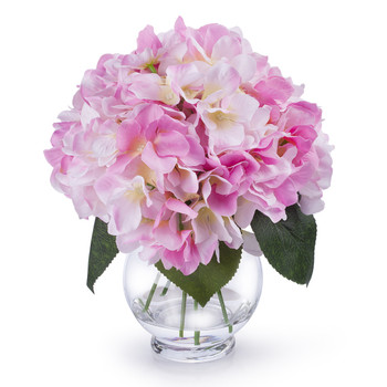 Pink Silk Hydrangea Flower Arrangement in Clear Glass Vase With Faux Water