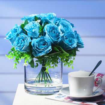 Aqua Silk Open Rose Flower Arrangement in Clear Glass Vase With Faux Water