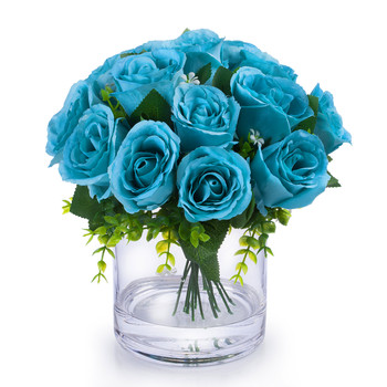 Aqua Silk Open Rose Flower Arrangement in Clear Glass Vase With Faux Water