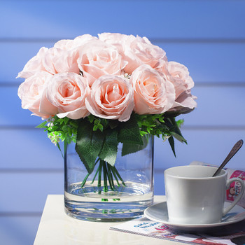 Pink Silk Open Rose Flower Arrangement in Clear Glass Vase With Faux Water