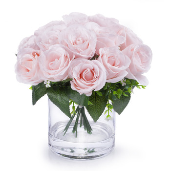 Pink Silk Open Rose Flower Arrangement in Clear Glass Vase With Faux Water