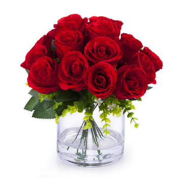Red Silk Open Rose Flower Arrangement in Clear Glass Vase With Faux Water