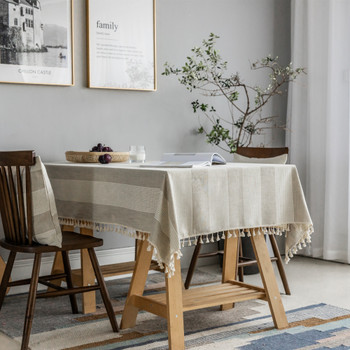 Beige High Quality Rectangle Cotton and Linen Tablecloth with Tassels For Dinning Table
