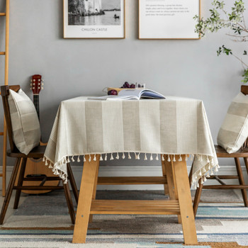 Beige High Quality Rectangle Cotton and Linen Tablecloth with Tassels For Dinning Table