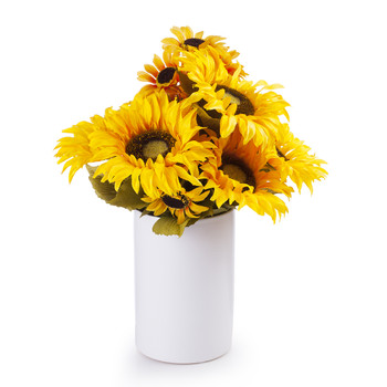 Mixed Sunflower Arrangement in White Ceramic Vase 