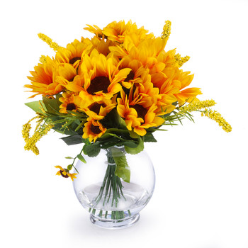 Mixed Silk Sunflower Arrangement in Clear Glass Vase