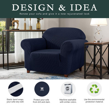 Dark Blue Jacquard Polyester Spandex Fabric Box Cushion Armchair Slipcover