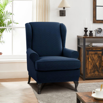 Dark Blue Super Stretch Rhombus Jacquard Spandex Fabric 2 Pieces T-Cushion Wingback Slipcover 