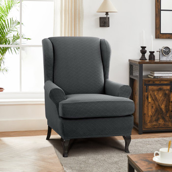 Grey Super Stretch Rhombus Jacquard Spandex Fabric 2 Pieces T-Cushion Wingback Slipcover 