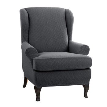 Grey Super Stretch Rhombus Jacquard Spandex Fabric 2 Pieces T-Cushion Wingback Slipcover 