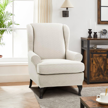 Ivory Super Stretch Rhombus Jacquard Spandex Fabric 2 Pieces T-Cushion Wingback Slipcover 