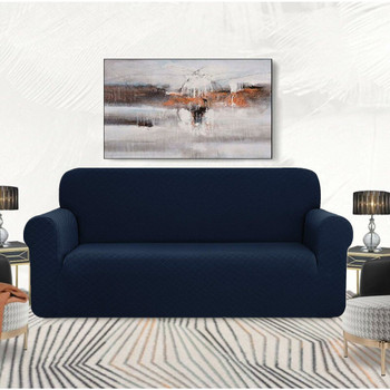 Dark Blue Ultra Soft Rhombus Jacquard Polyester Spandex Fabric Box Cushion Sofa Slipcover