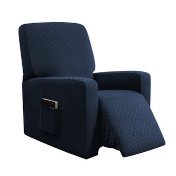 Dark Blue Ultra Soft Rhombus Stretch Fabric  Recliner Slipcover with Elastic Bottom Side Pocket