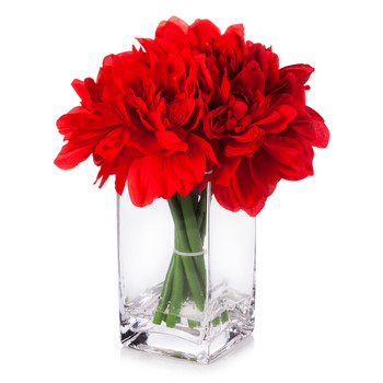 Red Silk Dahlia  Arrangement in Clear Glass Vase With Faux Water
