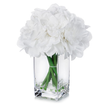 White Silk Dahlia  Arrangement in Clear Glass Vase With Faux Water