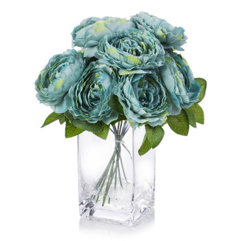 Blue Silk Peony Arrangement in Clear Glass Vase With Faux Water