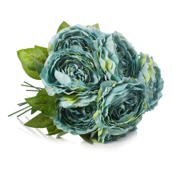 Blue Silk Peony Arrangement in Clear Glass Vase With Faux Water