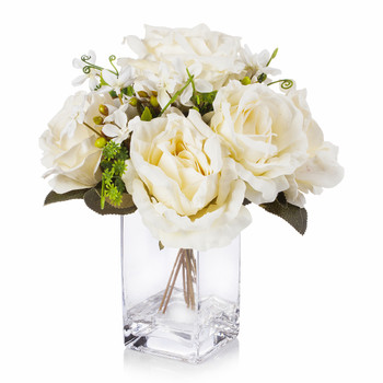 Beige Mixed Silk Rose Flower Arrangement in Clear Glass Vase With Faux Water