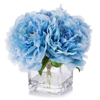 Blue Silk Peony Arrangement in Cube Glass Vase With Faux Water