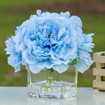 Blue Silk Peony Arrangement in Cube Glass Vase With Faux Water
