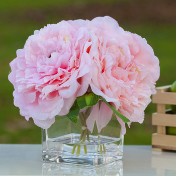Pink Silk Peony Arrangement in Cube Glass Vase With Faux Water