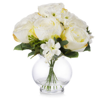 Cream Mixed Silk Rose Flower Arrangement in Clear Glass Vase With Faux Water