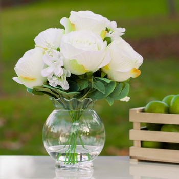 Cream Mixed Silk Rose Flower Arrangement in Clear Glass Vase With Faux Water