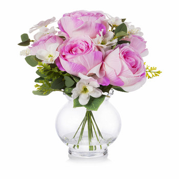 Pink Mixed Silk Rose Flower Arrangement in Clear Glass Vase With Faux Water